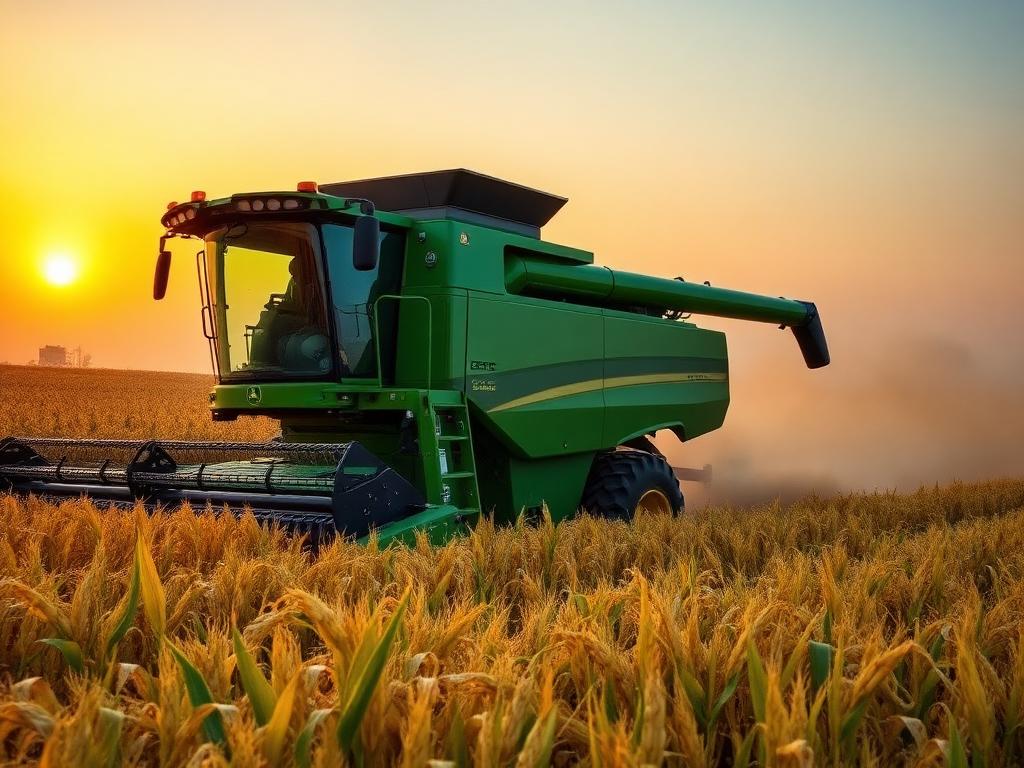 Colheitadeira moderna colhendo lavoura de milho ao entardecer
