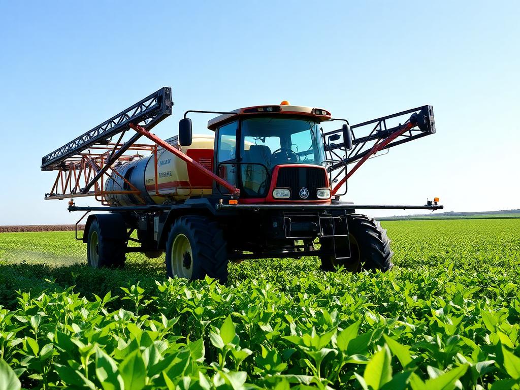 Pulverizador agrícola autopropelido aplicando defensivos em lavoura de soja